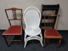 Two Edwardian bedroom chairs together with a set of open bookshelves and a painted wicker