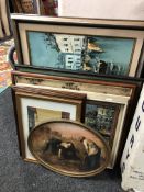 Six assorted framed pictures - abstract, Parisian street scene by P.G.