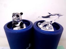 Two Swarovski crystal panda and dolphin ornaments,