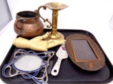 A tray of brass candlestick, antique copper pot, copper Art Nouveau photo frame,