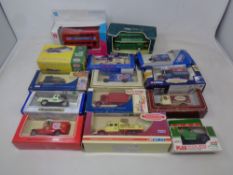 A tray of boxed die cast vehicles - delivery vans and busses by Corgi, Showman's,