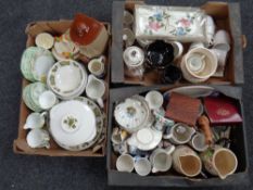 Three boxes of miscellaneous ceramics to include bone china tea ware, Woods and Sons dinner ware,