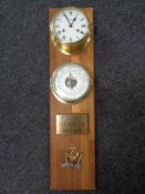A Schalz brass cased ship's wall clock and barometer,