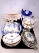 A tray of antique ceramics - blue and white tureens, teapots, Victorian lidded basin,