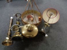 A box of antique and later brass table lamps,