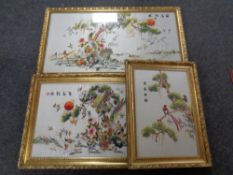Three gilt framed Chinese needlework pictures on silk,