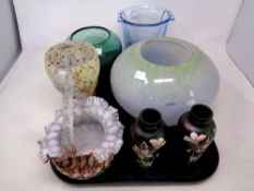 A tray of antique and later glass ware - pair of hand painted petrol glass vases, Art glass vases,