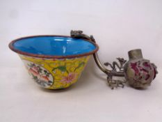 A cloisonne finger bowl together with a white metal Chinese style pipe decorated with dragons