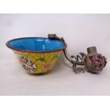 A cloisonne finger bowl together with a white metal Chinese style pipe decorated with dragons