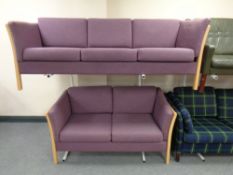 Two Scandinavian pine and beech framed settees with purple cushions