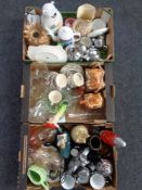 Three boxes of miscellaneous ceramics and glass ware, ornaments,