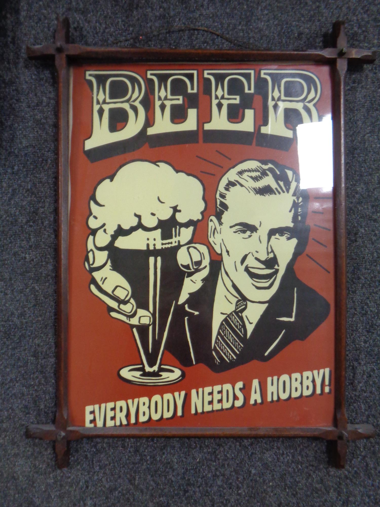 A Beer Everyone Needs a Hobby advertisement poster in an Edwardian Arts & Crafts frame