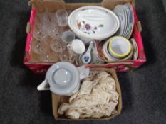 Two boxes of assorted glass ware, table linen, electric kettle,