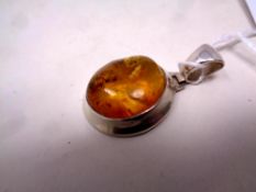 A circular silver amber pendant with insect inclusions