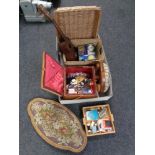 A box of wicker sewing boxes, tapestry upholstered stool and Victorian tray, miniature ukulele,