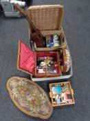 A box of wicker sewing boxes, tapestry upholstered stool and Victorian tray, miniature ukulele,