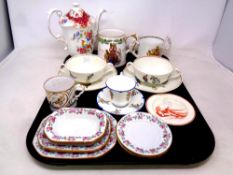 A tray of antique and later ceramics - commemorative mugs, Paragon Rockingham teapot,