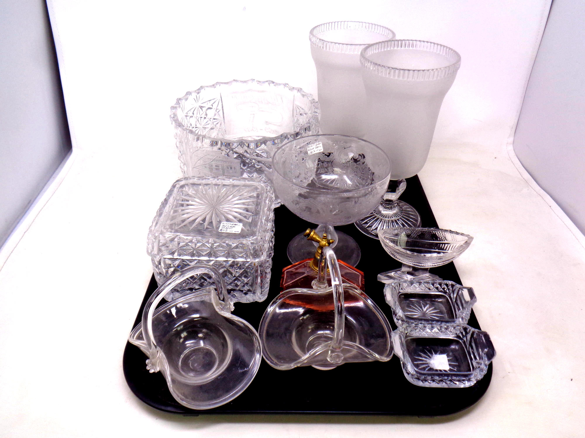 A tray of assorted early 20th century and later glass ware - perfume bottle, opaque glass vase,