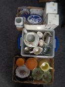 Two boxes and a crate of ceramics, willow pattern dinner ware, hurricane vases,