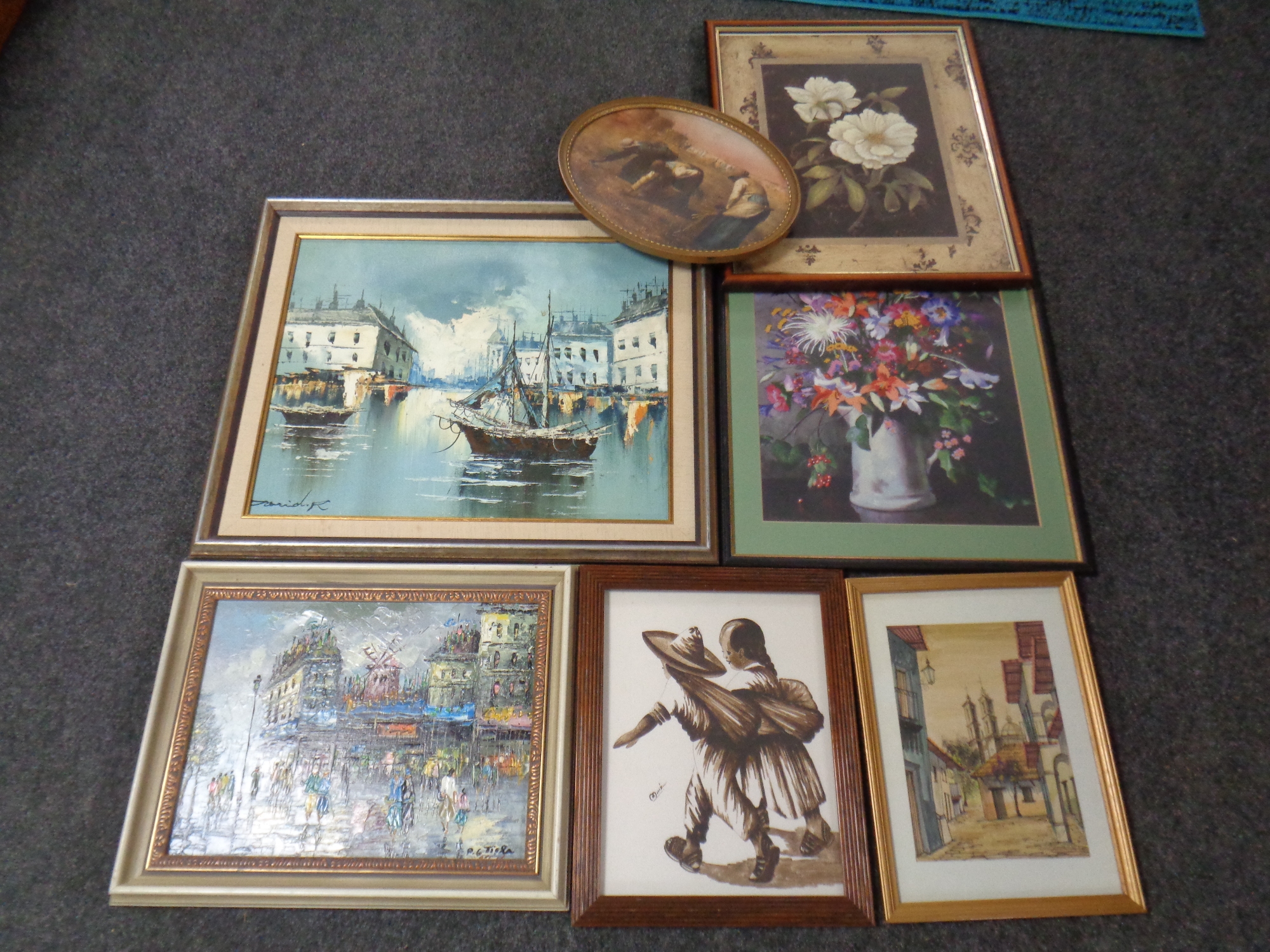 A crate of pictures and prints, still life oils, signed watercolour,