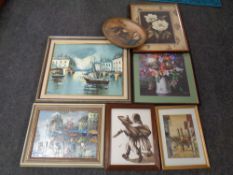 A crate of pictures and prints, still life oils, signed watercolour,