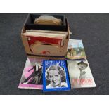 A box of vinyl LP records and 78's including jazz, Ella Fitzgerald,