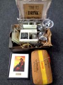 A box of miscellany to include contemporary metal mirrored tray, Swan Teasmade, smoker's stand,