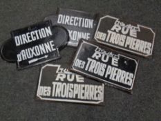 A crate of five hand painted French tin plate signs - Direction D'Auxonne,