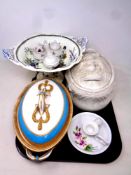 A tray of antique ceramics to include Portmeirion lidded game dish, decorative tureen, comport,