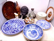 A tray of antique and later ceramics to include white and gilt tea ware, oriental style bowls,