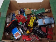 A box of quantity of mid 20th century and later play worn die cast vehicles