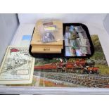 A tray of railway related items - three Atlas Locomotive Legends miniature cabinets and large