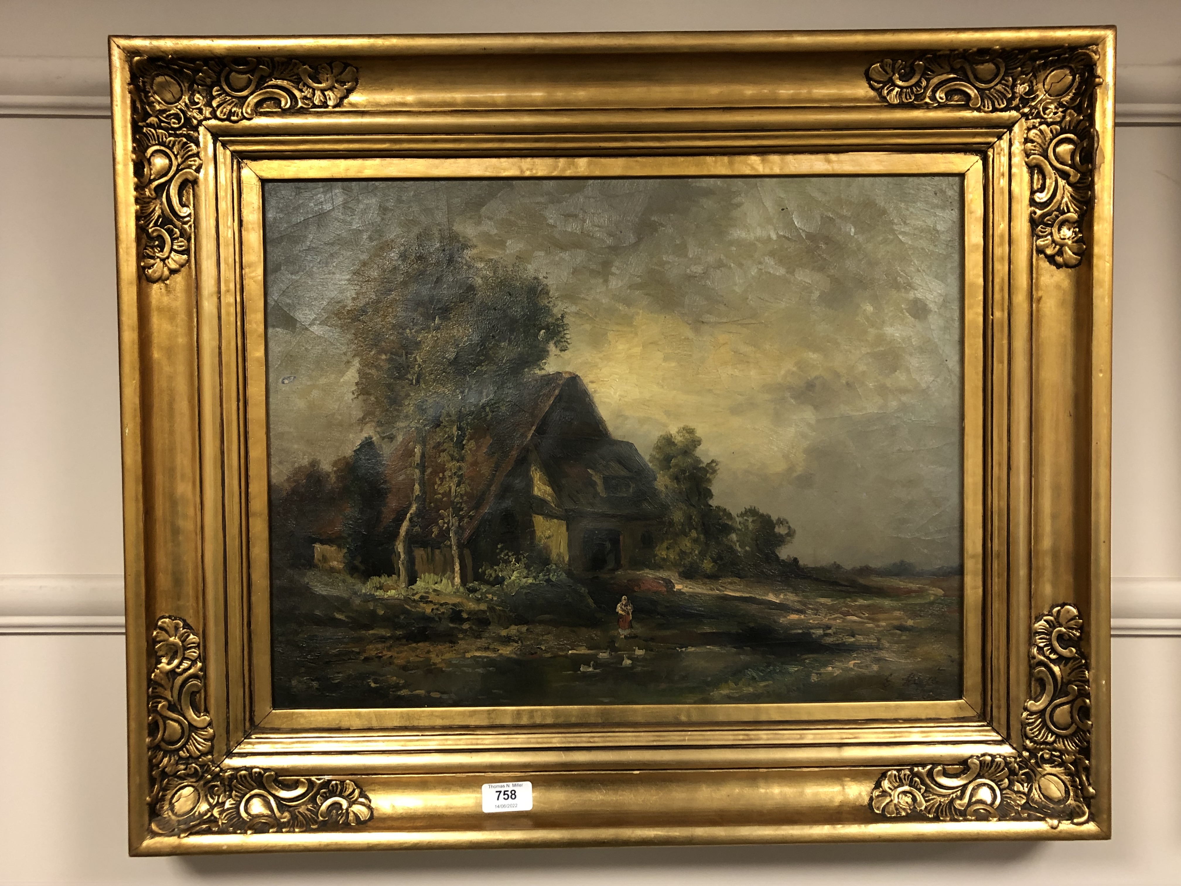 Continental school, a figure by a thatched building, oil on canvas, 54cm by 41cm,