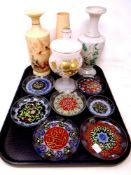 A tray of hand painted antique and later glass ware - seven shallow dishes decorated with flowers,