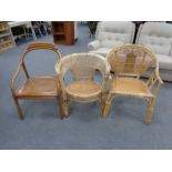 Three assorted bamboo and wicker armchairs