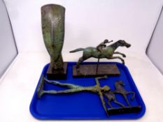 A tray of bronze figure of a man on horseback on marble plinth,