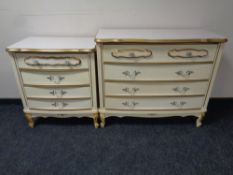 A cream and gilt French style serpentine fronted four drawer bedroom chest and matching three