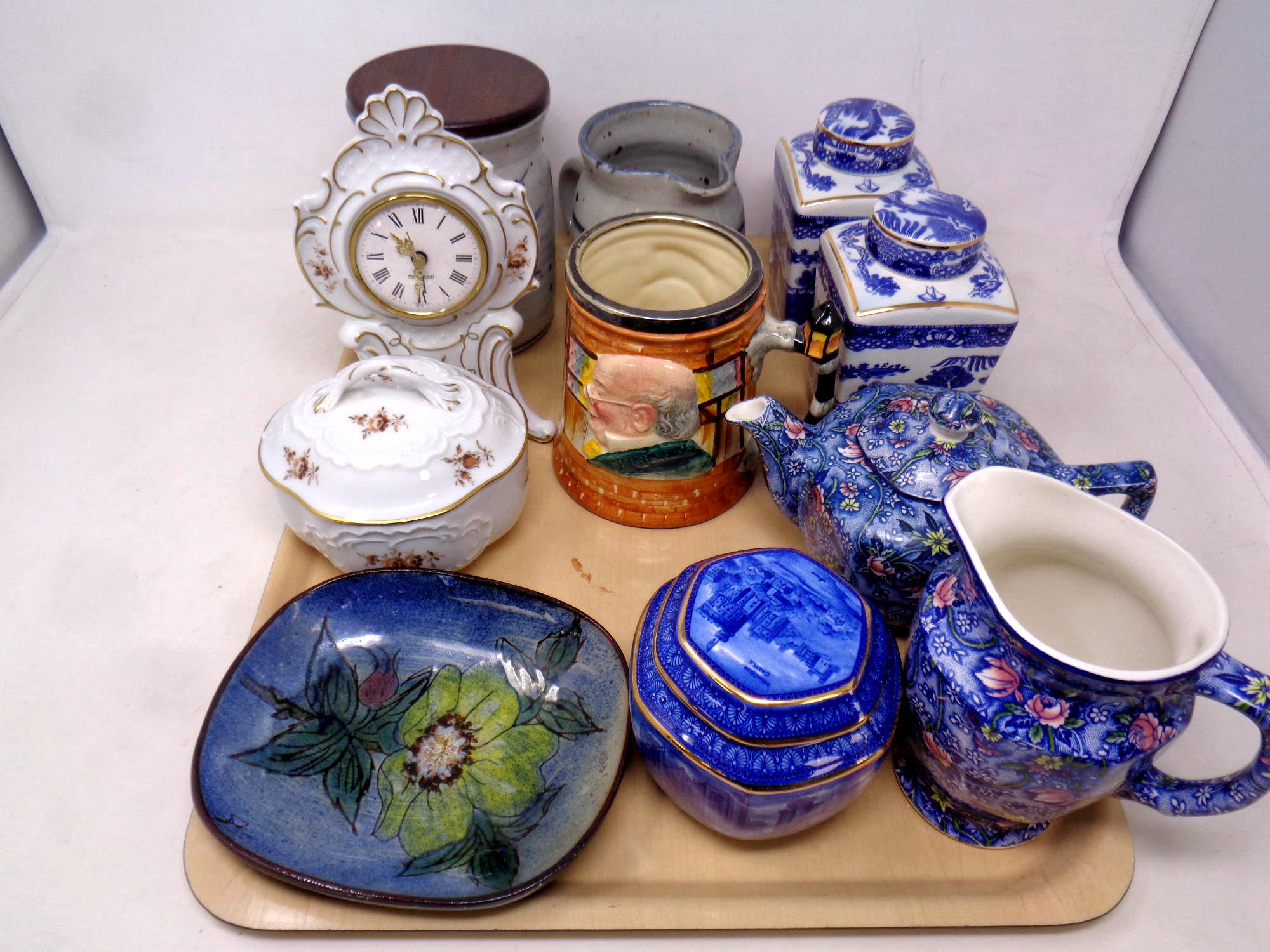 A tray of assorted ceramics - Ringtons teapot and water jug, Ringtons caddies,