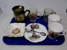 A tray of Royal Family commemorative china, mugs, tankards, shallow bowl,