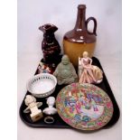 A tray of antique and later ceramics - Cantonese famille rose plate, miniatures busts,