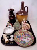 A tray of antique and later ceramics - Cantonese famille rose plate, miniatures busts,