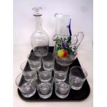 A tray of assorted glass ware - whiskey decanter, nine whiskey glasses,