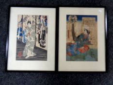 Two Japanese woodblock prints depicting figures in traditional dress,