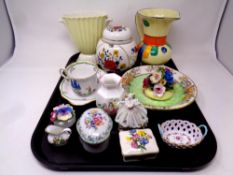 A tray of ceramics : Tuscan china, tea cup and saucer, Devon Ware Fieldings jug,