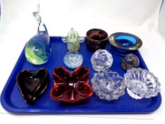A tray containing assorted glass ware to include paperweights, Bohemian glass dishes,
