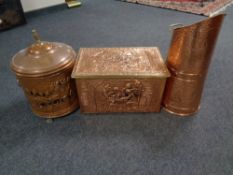 A copper and embossed slipper box together with a lidded coal bucket and a coal scuttle