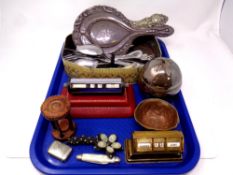 A tray containing miscellanea to include desk stands, pocket knife, plated vesta case, cutlery,