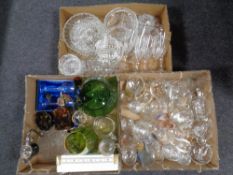 Three boxes containing 20th century and later glassware to include drinking glasses,