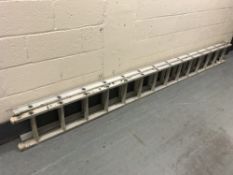 An aluminum extension ladder