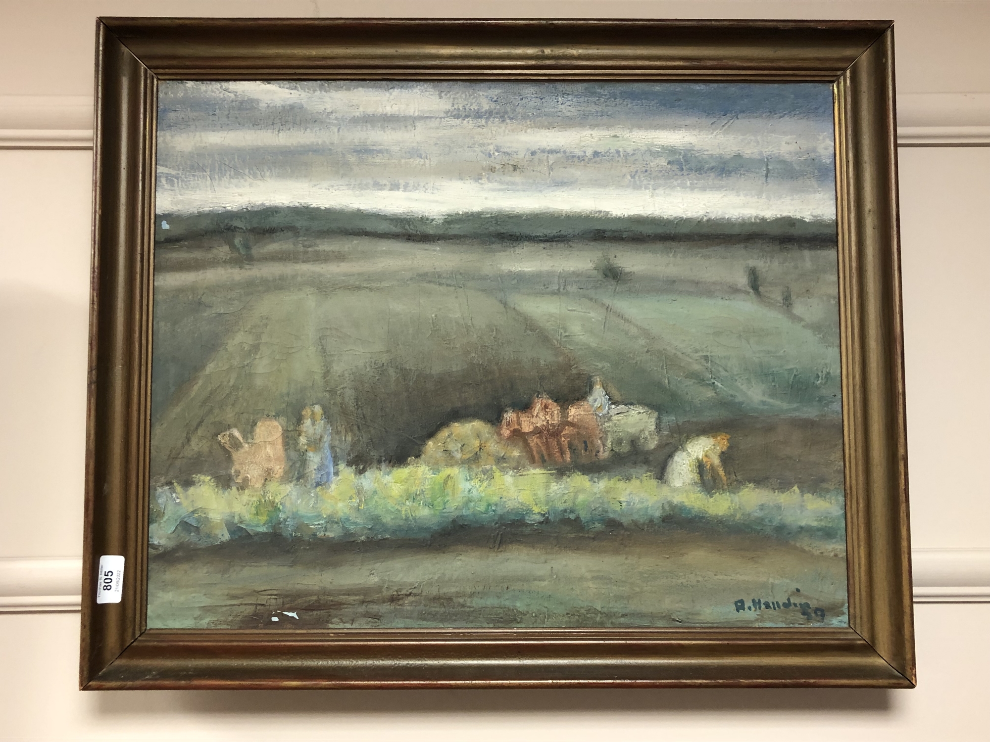 Continental school : Figures in farm land, oil on canvas, 58 cm x 46 cm.